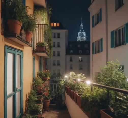 Balcon végétalisé de nuit, éclairé par des guirlandes lumineuses, avec vue sur un clocher éclairé
