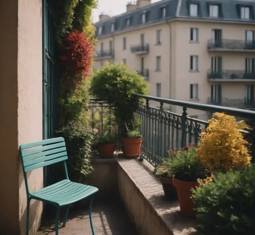 Balcon étroit avec chaise turquoise et plusieurs plantes en pot, vue sur des immeubles parisiens.