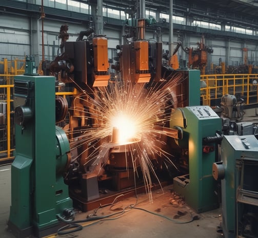 A person is using a grinding tool on a metal object clamped in a vice, creating bright orange sparks in an industrial workshop. In the background, metalworking machinery and equipment are visible, with another individual sitting in the distance. The atmosphere appears busy and functional, with a focus on craftsmanship and metalwork.