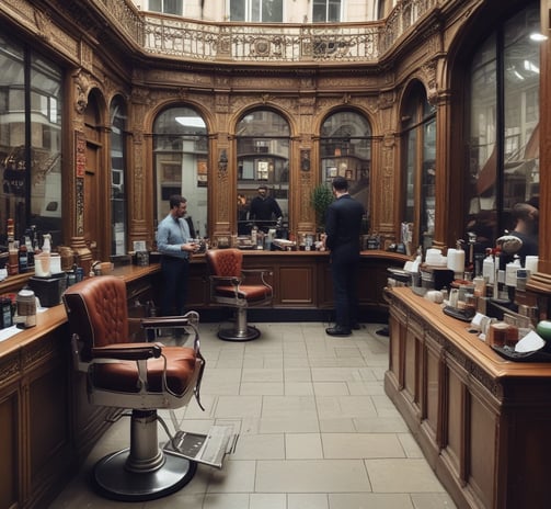 A small, rustic barbershop with two customers and a barber. The shop has two large mirrors and an array of shelves filled with various grooming products. There are towels hanging above the mirrors. One customer is sitting on a chair getting a haircut, while another person is sitting in the middle waiting. There's a child sitting on a chair by the entrance watching the scene.