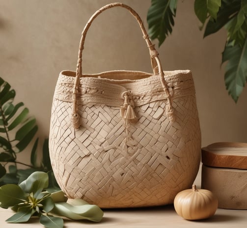 a basket weave bag with a wooden handle and a wooden handle