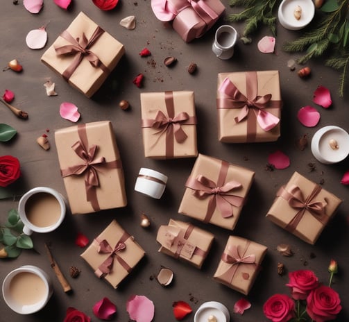 a bunch of gift boxes with pink roses and candles
