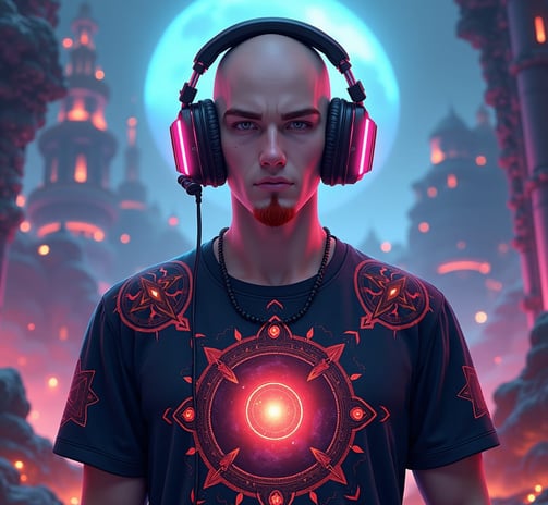 a man with headphones on a dark background