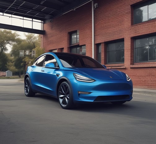 A red Tesla car is positioned in a parking space with marked lines on the asphalt. The car is directly facing forward, showcasing its front grill and headlights. The sky above is partly cloudy, and there is greenery in the background along with some architectural structures.