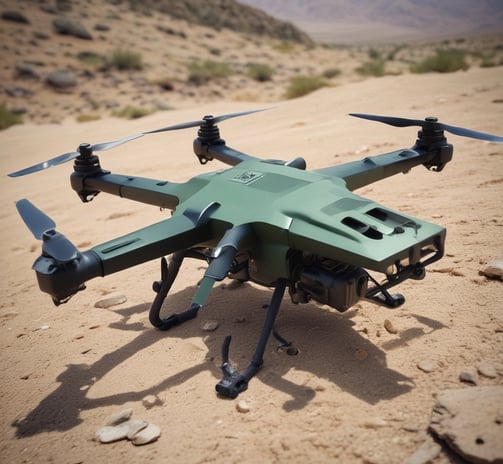 A drone flying in mid-air against a blurred, cloudy background. The drone appears to be hovering steadily, with its propellers in motion.