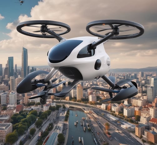 A white drone with black propellers is captured mid-flight against a blurred background of tall glass buildings. The drone has green and yellow lights on its arms and a camera attached to its main body.