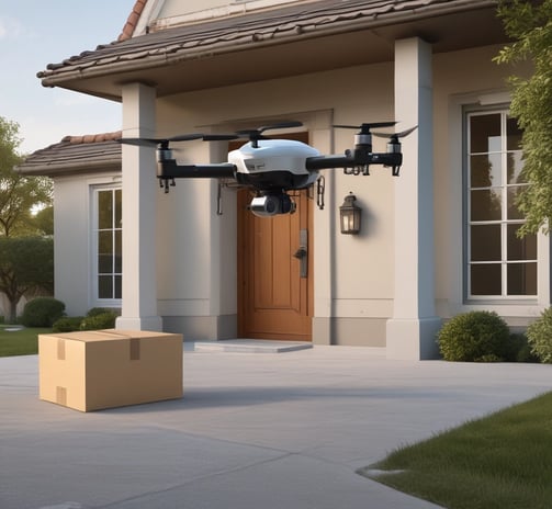 A drone hovers in the air with blurred trees and objects in the background, suggesting an outdoor setting. The drone's design includes visible propellers and a camera mounted at the front, indicating its potential use for aerial photography or videography.