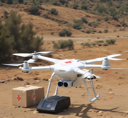 A sleek, modern drone captured in mid-flight against a blurred background. Its design features four propellers and a camera mounted at the front, embodying a high-tech aesthetic.