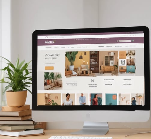 A laptop displaying a webpage with several interior design images is placed on a wooden table. Behind it, a gray couch and a round mirror on the wall can be seen, suggesting a cozy room setup. Soft lighting filters through sheer curtains in the background.