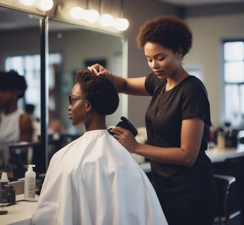 A barbershop interior features vintage-style barber chairs with white and black leather, positioned in front of a wooden floor. The walls are adorned with black-and-white photographs, and a glass panel with the logo and name 'SALA DE BARBA' provides a view into the well-organized space.
