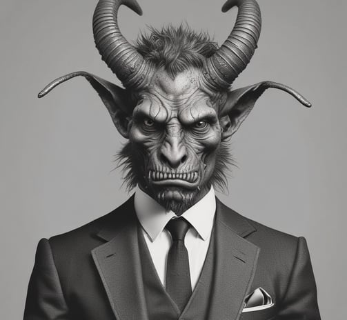 a man in a suit and tie with a devil's headdress