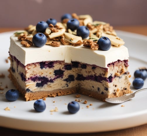 A bowl filled with vibrant purple smoothie, topped with a variety of nuts and seeds, is placed on a light surface. To the right of the bowl, a package labeled 'Daily Essentials' in blue and white coloring is visible.