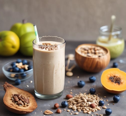 A box featuring a health-related product labeled 'apta+ Glukofit' with a purple and white design. The product claims a vanilla flavor and highlights benefits for diabetes, including low sodium and lactose content, high fiber, vitamins, and calcium. The front design includes a photo of a white beverage to suggest consumption.