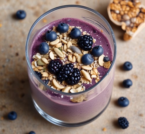 A jar of unsweetened protein peanut butter is placed on a surface surrounded by peanuts, against a bright yellow background. Next to it is a cardboard box, and a small potted plant with green leaves and white flowers is in the background.