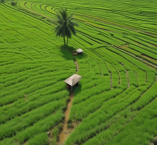 A lush, green tea plantation with well-manicured tea bushes arranged in rows. Tall trees with sparse foliage rise above the plantation, casting light shadows on the terrain. The foreground shows a dirt path edging the plantation.