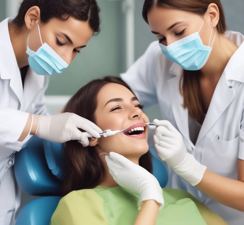 A gloved hand holds a syringe labeled 'WHITER IMAGE' containing a gel used for teeth whitening. The background shows a dental clinic setting with a dental chair and equipment.