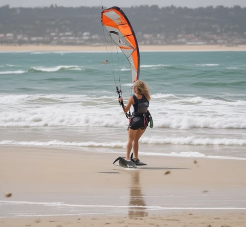 A person is engaged in kitesurfing, performing a dynamic maneuver above the waves with spray flying through the air. The silhouette is captured against the backdrop of the ocean, highlighting the movement and energy of the sport.