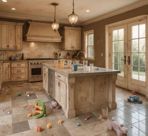 Messy kitchen before NexaPro cleaning service with toys and debris on floor