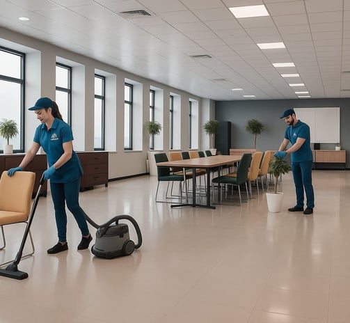 NexaPro professionals vacuuming and sanitizing large commercial space after cleaning