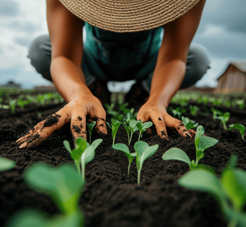 Mujer con las manos en la tierra, plantando.