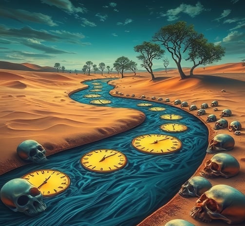 a stream of water with skulls and skulls in the desert