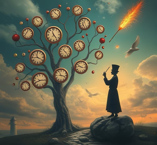 a man in a top hat and top hat with a clock on it