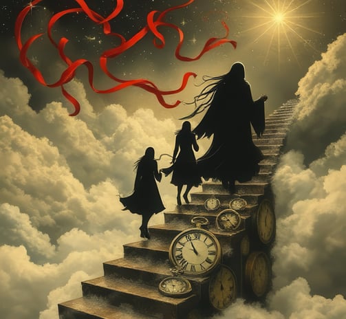 a woman walking up a flight of stairs with a clock