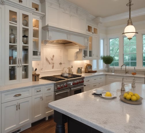 Updated Kitchen with paneling details, an enlarged island  & glass cabinet doors