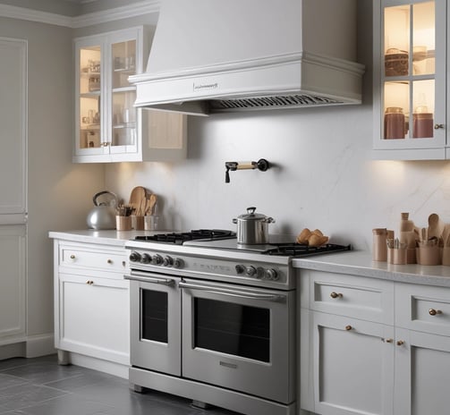 A collection of wooden kitchen utensils and cutting boards displayed in wicker baskets along with large clay pots and circular wooden boards. The items are arranged on top of large tins of cooking oil, next to stacks of folded towels. There is a rustic, organized feel to the setup.
