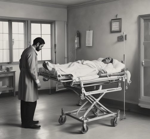 A miniature figurine of a nurse stands beside a hospital bed with a patient lying under a white blanket. The scene is minimalist with a pale background, emphasizing the medical figures.