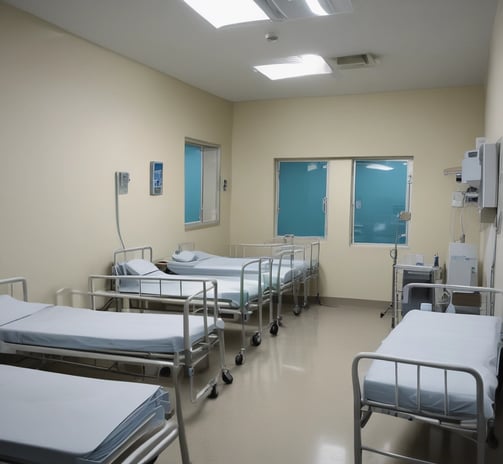 A hospital bed with a white pillow and blue blanket is in the foreground. On the wall shelf, there are pink containers including a pitcher and two bottles. The setting appears to be a medical facility with a calm atmosphere.