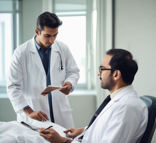 A male doctor wearing a white lab coat is attentively administering medical care to a patient. The patient, who is seated in a hospital chair, is receiving treatment through a port in his chest. A female healthcare professional stands nearby, observing and providing support.