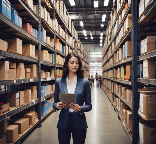 a woman in a suit standing in a warehouse