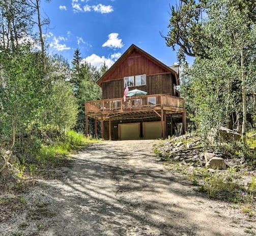 Gravel driveway leading up to secluded mountain cabin