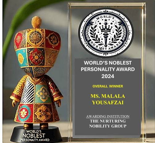 World's Noblest Personality Award 2024 trophy and plaque for Ms. Malala Yousafzai.