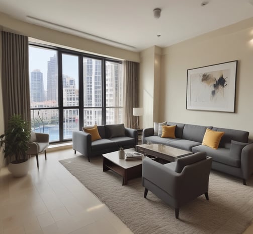 Modern living room with grey sofas, large windows, city skyline view, and minimalistic decor.