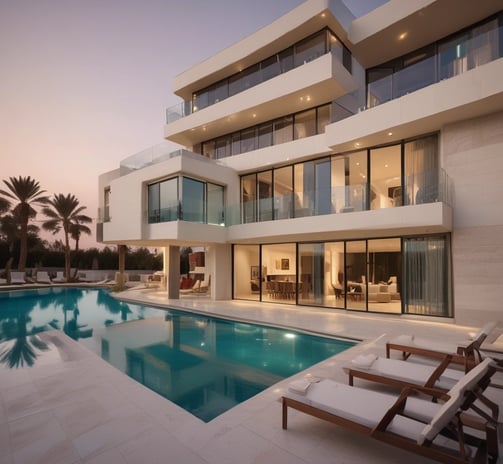 Luxury villa with modern architecture, private swimming pool, sun loungers, and palm trees at sunset