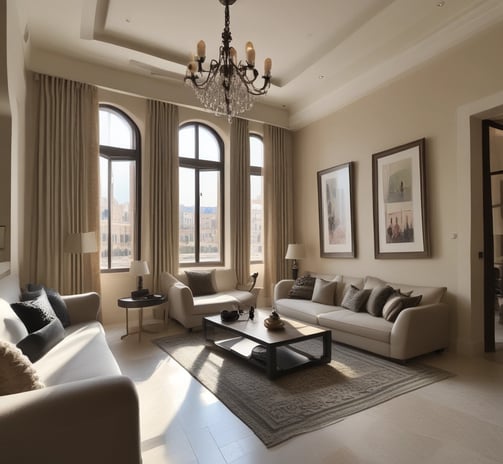 Elegant living room with arched windows, beige furniture, chandelier, and framed wall art.