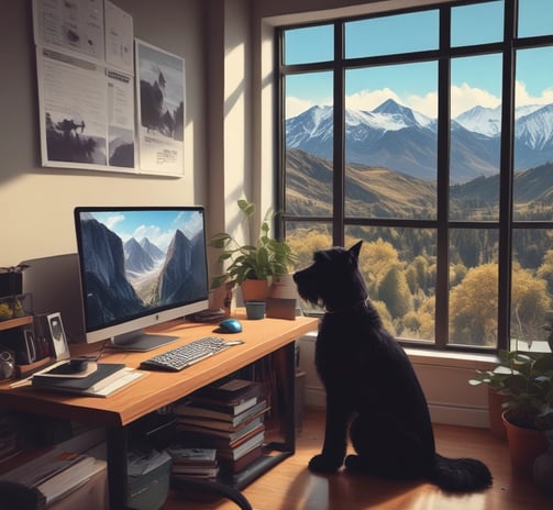 A conference room with a long wooden table surrounded by chairs covered in protective plastic. Multiple computer monitors are placed on tables against the walls, each displaying nature-themed images. The walls are lined with wood paneling, and a sign indicating a center for artificial intelligence is displayed at the front. There are decorative flower arrangements on the table, and the overall setup suggests a professional environment.
