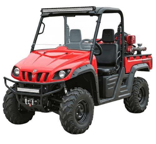 a red utility vehicle with a large, black and white truck behind it