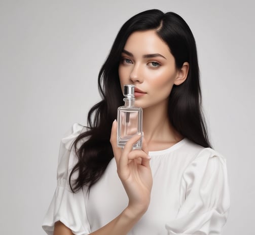 A person in a sleeveless black dress holds a bottle of Prada perfume. The individual wears a gold watch and a delicate chain necklace with a cross pendant. The background is neutral with soft lighting, focusing attention on the person and the perfume bottle.