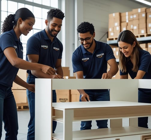a group of people standing around a table