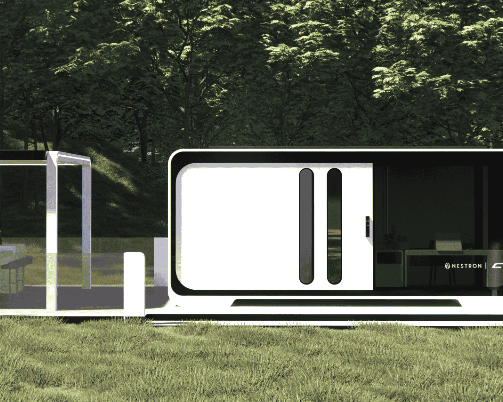 Futuristic tiny home pod with sleek modern design in nature