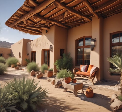 An adobe-style building is nestled at the base of a rugged mountain range, with sparse desert vegetation in the foreground and a clear blue sky above.