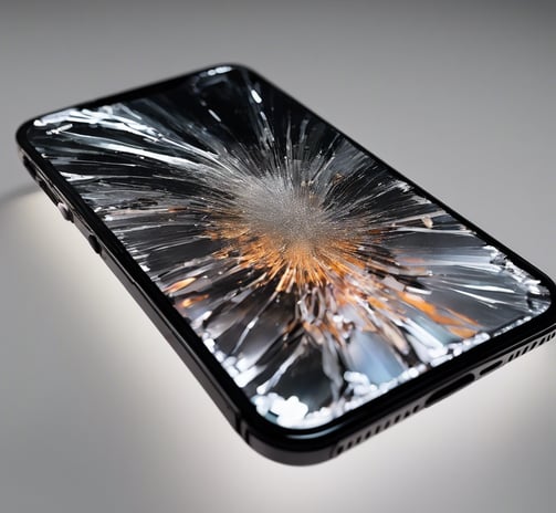 a broken cell phone sitting on top of a white table