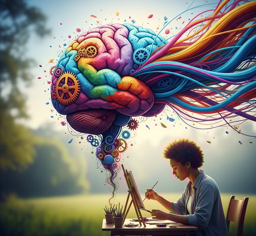 a boy is sitting at a desk with a laptop and a drawing of a brain