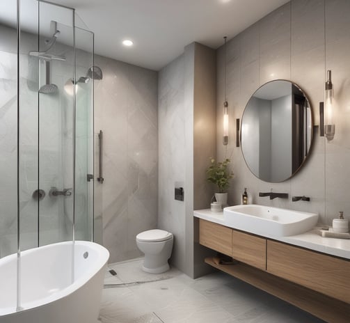 A modern interior scene featuring a sleek, minimalistic washbasin mounted on a textured wall. Below the washbasin, there is soft lighting from a hanging bulb. To the left of the washbasin, a plush pink chair with dark wooden legs is placed. The background includes a marble slab, some artwork, and various pieces of furniture, giving the setting a sophisticated ambiance.