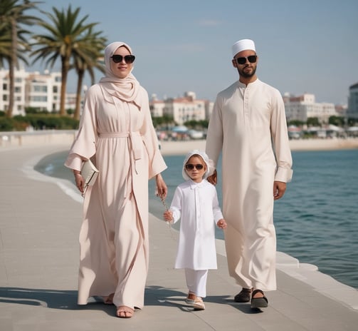 A joyful Muslim family on holiday in a beautiful, Muslim-friendly destination like Turkey or Malaysi