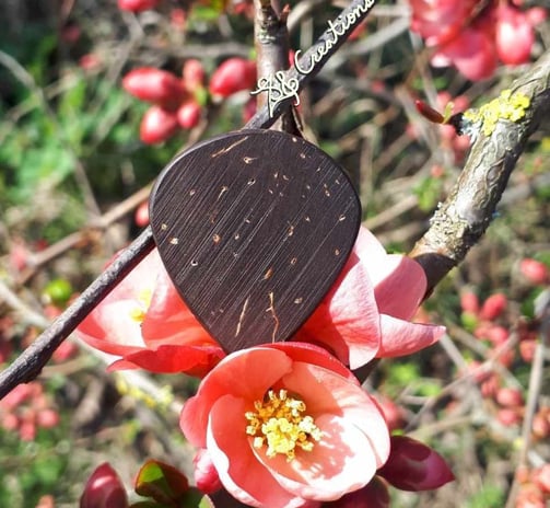 One of our Jumbo Jazz coconut shell guitar picks atop a pink flower of a Japanese Quince.