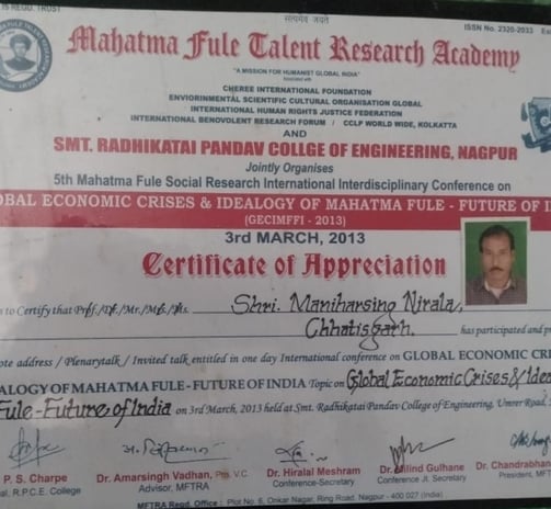 Certificate of appreciation from Mahatma Fule Talent Research Academy